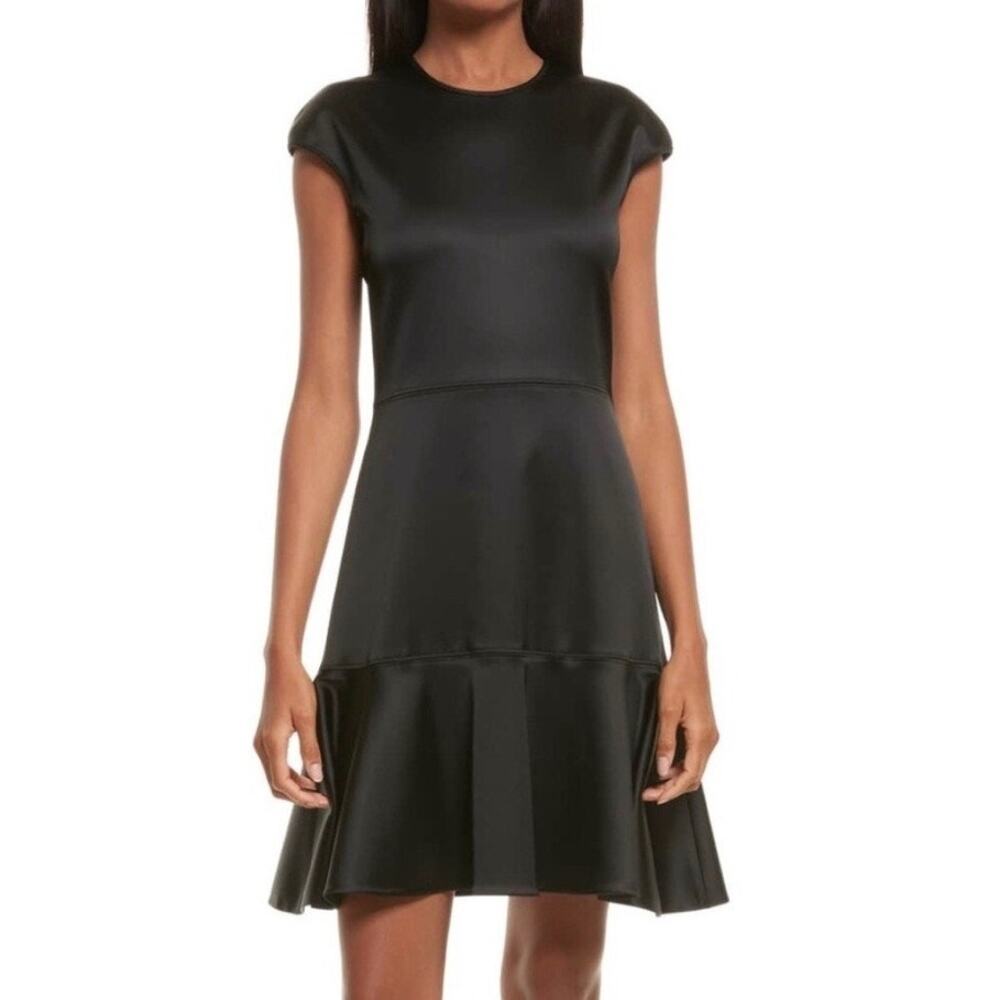 Theory Essential Fit & Flare Satin Mini Dress Size 6 Black LBD Cocktail Formal